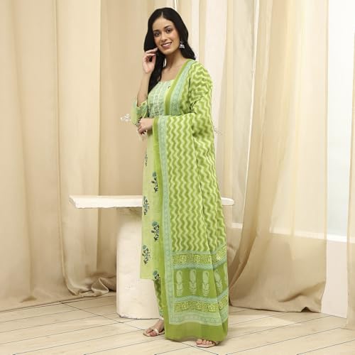 BIBA Women Lime Green Cotton Screen Print Unstitched Suit Set_FREE SIZE