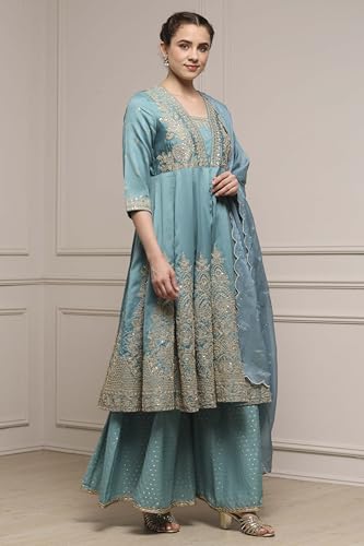 Biba Women Blue Silk Chanderi Anarkali Suit Set_42