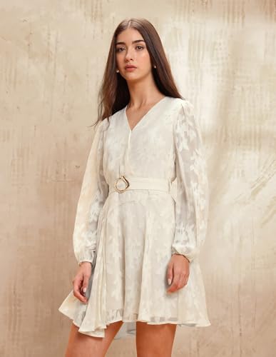 U.S. POLO ASSN. Women Abstract Printed Fit & Flare Dress with Belt (UWAW25DRS181_Beige_L)