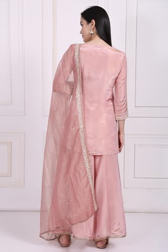 W for Woman Pink Embroidered Zari Embellished Straight Tissue Kurta with Sharara and Dupatta Set (WS13087-224072-S)