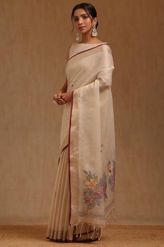 Soch Womens Beige Linen Embroidered Saree With Thread Work