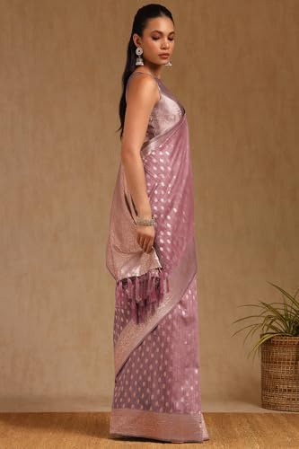 Soch Womens Onion Pink Tussar Floral Print Saree With Zari Woven