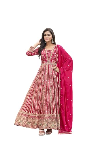 Miss Ethnik Women's Pink Chinon Stitched Gown With Dupatta Full Sleeve Embroidered Anarkali Gown (MER-1275-Pink-3XL)