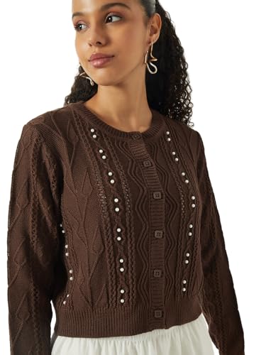 Max Women Embellished Knit Cardigan (Brown_S)