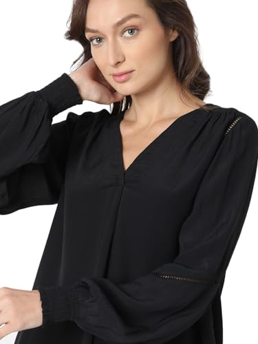 VERO MODA Women's Solid Regular Fit T-Shirt (Black) - SaumyasStore