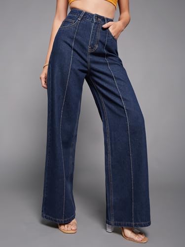 Miss Chase Women's Wide-Leg High-Rise Regular-Length Non-Stretchable Denim Jeans (MCSS18DEN02-19-963-30, Carbon Blue, 30)