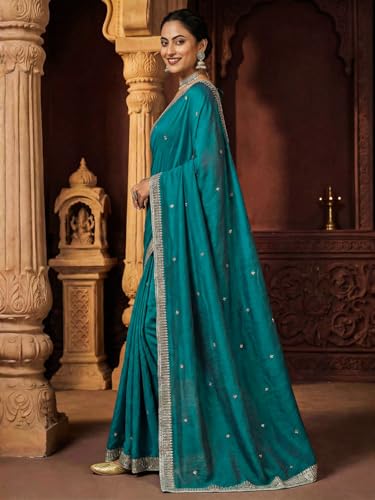 AKHILAM Women's Light Blue Vichitra Silk Embellished Saree With Unstitched Blouse Piece (GOPI4401_AI)