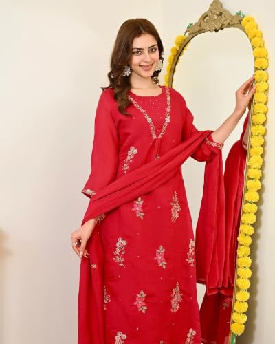 Women's Red Chanderi Embroidered Straight Kurta Set With Dupatta And Pant