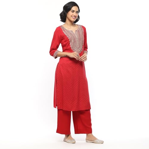 BIBA Women's Cherry Red Rayon Straight Suit Set_40