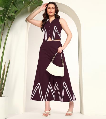 DEEBACO Women's Solid Lycra Ankle Length Waist Coat with Palazzo|V-Neck|Cord Set for Women Fashion|Long Jumpsuits Western Dress for Women Stylish|Two Piece Co ord Set|Casual Wear(DBCO00002278_L_Wine)