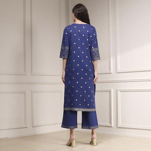 Biba Women's Blue Cotton Straight Printed Suit Set