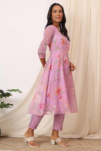 W for Woman Lilac Floral Printed Flared Kurta with Pants and Dupatta Set (Size: L)-WS12551-125728