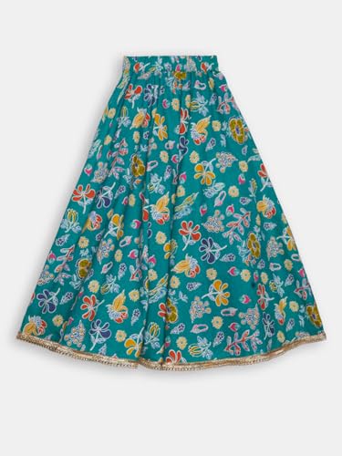 studio rasa Girls Cotton Printed Embellished Bias Lehenga Set for Festive Wedding Party(GLC62502/9-10_Green_9-10 Y)