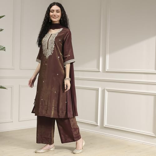 Biba Women Wine Viscose Rayon Straight Solid Kurta Set_38