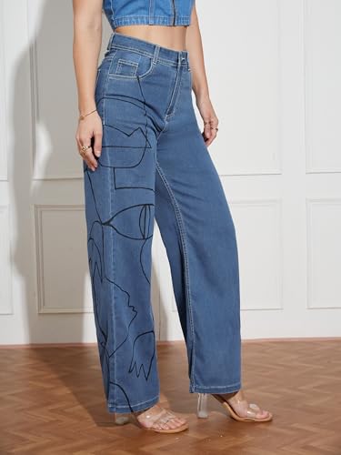 Miss Chase Women's Wide Leg High Rise Hand Painted Stretchable Denim Jeans (MCSS18DEN02-19-391-32, Hazy Blue, 32)