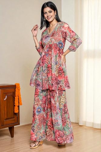 W for Woman Multicolour Printed Silver Chiffon Flared Kurta, Sharara and Dupatta Set (Size: L)-WS13199-126196