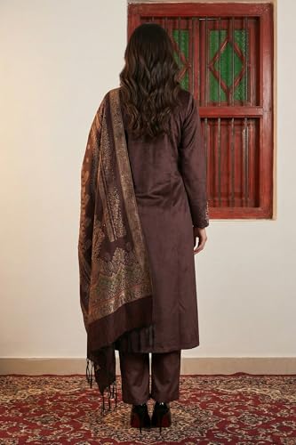 W for Woman Brown Embroidered Zari Work Straight Kurta with Pant and Dupatta Set - (WS13435-224206-XS)