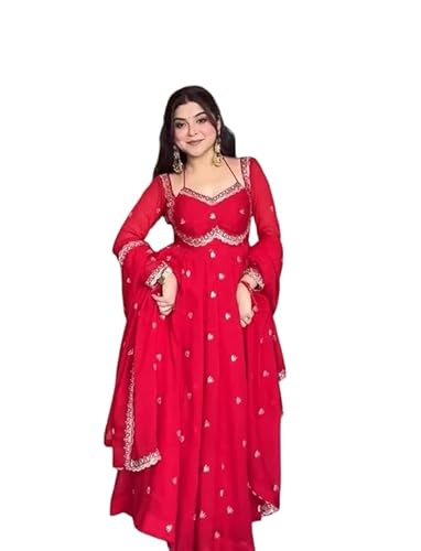 SAMUYA Elegant Red Anarkali Dress with Silver Embroidery, Traditional Indian Wedding Gown, Floor Length Ethnic Wear with Dupatta (in, Alpha, 2XL, Regular)
