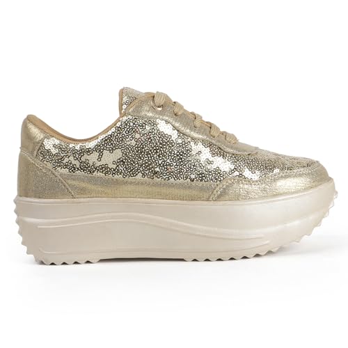 Vendoz Women Casual High Heel Sneakers I Cushioned Insole I All Day Comfortable I Lightweight and Stylish Shoes for Girls CNV4026GL-36 Gold