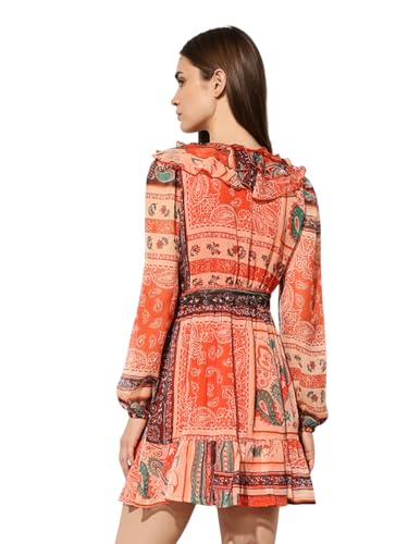 ONLY Women's Tribal Print Fit and Flare Orange Dress
