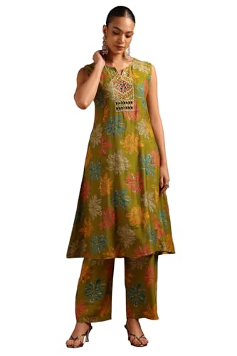 Soch Womens Light Green Desert Storm Floral Print Co-Ord Set With Mirror Work