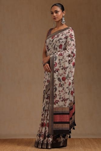 Soch Womens Cream Tussar Floral Print Saree
