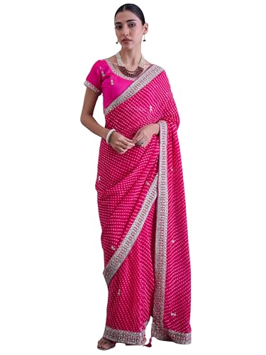SAREE MALL Women's Pink Georgette Bandhani Printed Saree With Unstitched Blouse (DHNIYA801C8_DC)