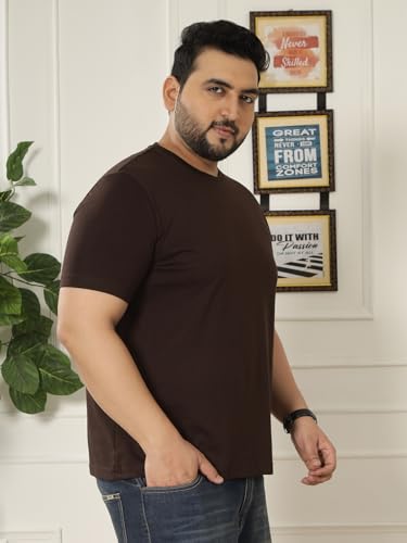 JOHN PRIDE Plus Size Men Regular Fit Solid Short Sleeves Brown Round Neck T-Shirt (JPTSR3501S_4XL_Brown)