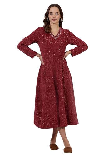 W for Women Maroon Solid Sequins Flared Dress for Women (Size: XL)-24NOW11846-314003A