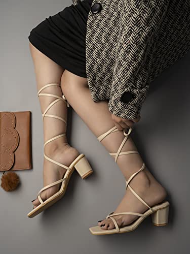 Shoetopia Elegant Cream Block Heel Sandals with Gladiator Detail | Chic Lace-Up Straps | Comfortable Summer Footwear for Women EU35