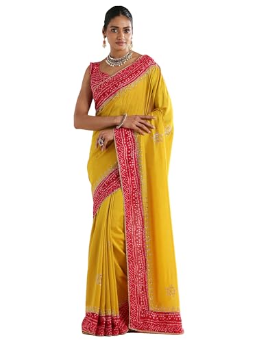 AKHILAM Women's Yellow Vichitra Silk Embroidered Embellished Saree With Unstitched Blouse Piece (ANIKA3801_AG)