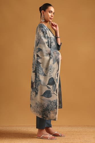 Soch Womens Grey Chanderi Digital Printed Botanical Salwar Suit With Cutdana