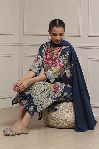 Biba Women Blue Cotton Straight Printed Suit Set_34