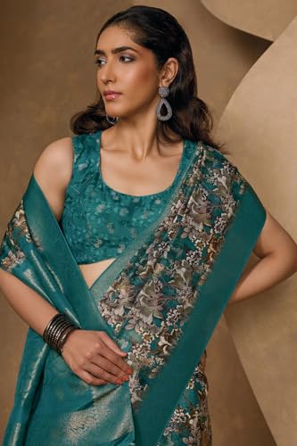 Soch Womens Teal Chanderi Floral Print Saree With Tassels