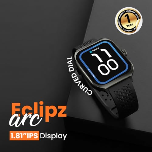 Toreto Eclipz Arc Smartwatch with 1.81" IPS Display, Bluetooth Calling, IP67 Water Resistance, 22mm Silicone Strap, 12-Day Battery, iOS & Android Compatible (Arctic Silver)