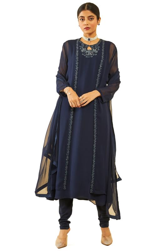 Soch Womens Blue Georgette Beadwork Embellished A-Line Chudidar Suit Set with Shrug(OWA3CD20256A)