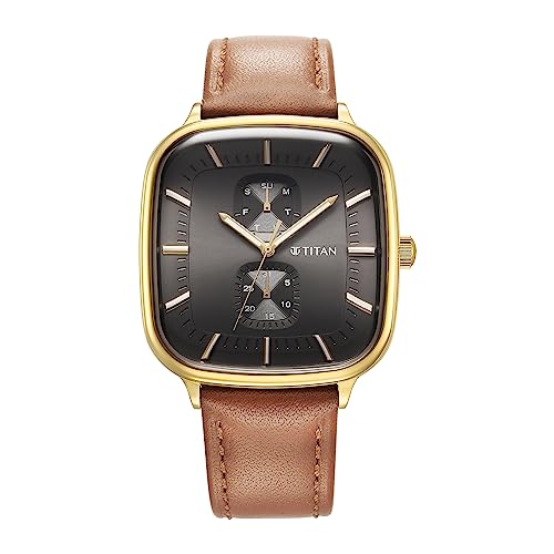 Titan Avant Garde Quartz Multifunction Anthracite Dial Brown Leather Strap Watch for Men - NT90178YL01