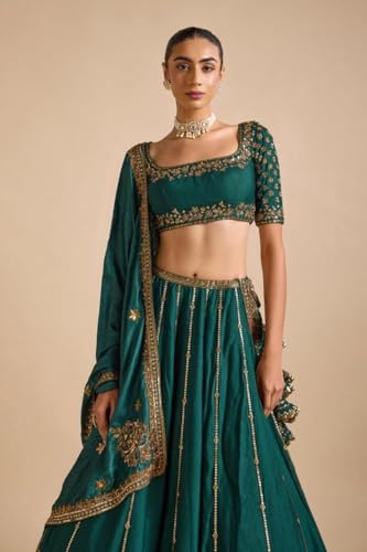 JIHU CULTURE Dark Green Vichitra Silk Sequence Embroidery Work Semi- Sttiched Lehenga Choli Set For Women's-JH254GRN