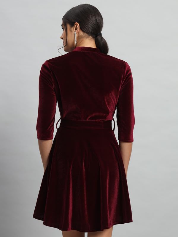Vaararo Velvet Fit & Flare Mini Dress | Elegant with Belt & Mandarin Neck Sporty Maroon X-Small