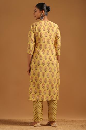 Soch Womens Yellow Muslin Botanical Embroidered Kurta Set