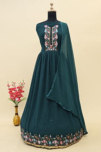 RUDRAPRAYAG Anarkali Georgette and Santoon Semi Stitched Long Gown for Women (Turquoise Colour)