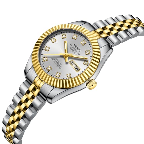 NIBOSI Watches for Woman Analog Quartz Stainless Steel Diamond Rose Gold Green Small Dial Women Watches Classic Wrist Watch Date Waterproof (A02-Gold Silver White)