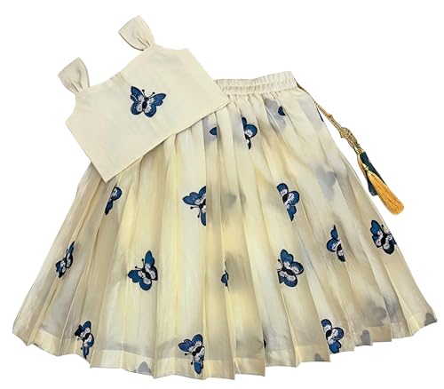 COMRATE Kids Girls Lehnga Choli Pattern Dress Half Sleeves Readymade Hand Embroidery Ethnic Traditional Full Length South Indian Girl Lehnga Choli-BLUE-WHITE-1-2 Years