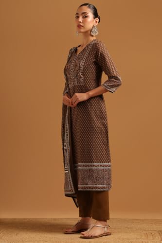 Soch Womens Brown Cotton Block Printed Ethnic Motifs Salwar Suit