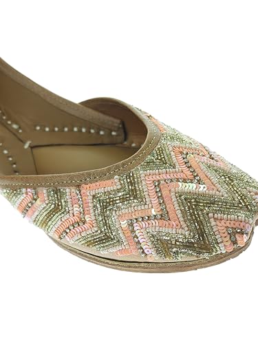 Fulkari Women's Zigzag Peach Gold Soft Leather Embroidered Jutis | Bite and Pinch Free Jutti | Punjabi Formal Juttis | Girl's Wedding Flat Mojari | Formal Ethnic Juti | 36