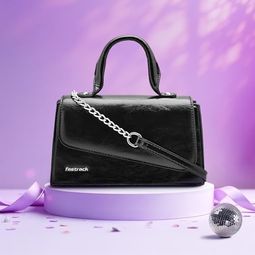 Fastrack Lil’Spark Sling | Black Faux-Leather Women’s Handbag | Sling with Fixed Handle & Detachable Strap for Casual & Party Carry