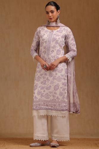 Soch Womens Off White Linen Floral Print Salwar Suit With Beads