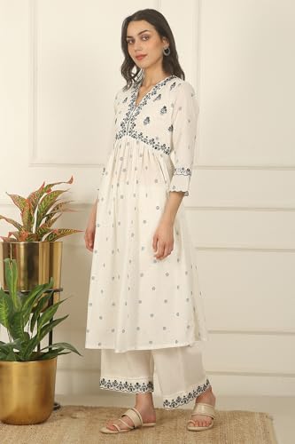 W for Woman White Printed Thread Embroidered Chanderi Kurta, Pants and Kota Dupatta (Size: 2XL)-WS12713-125553