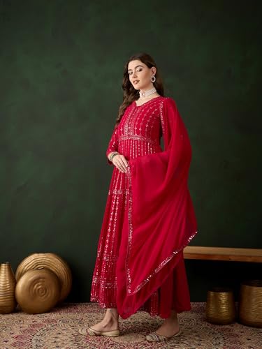 Miss Ethnik Women's Pink Faux Georgette Stitched Top with Unstitched Santoon Bottom and Faux Georgette Dupatta Full Sleeve Embroidered Anarkali Gown (MEY-1106-Pink-XL)