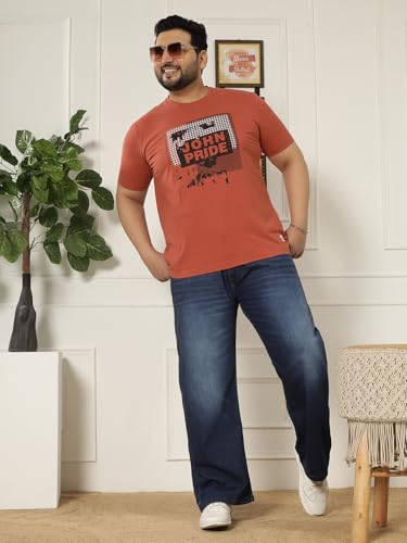 JOHN PRIDE Plus Size Men Regular Fit Printed Short Sleeves Rust Round Neck Stretchable T-Shirt (JPTSR32445_7XL_Rust)